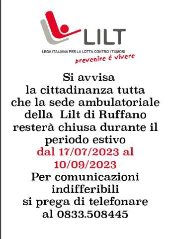 Chiusura sede ambulatoriale della Lilt di Ruffano per il periodo estivo.