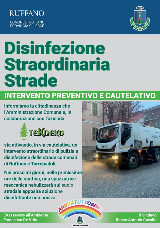 Domani mattina nelle primissime ore, una spazzatrice meccanica nebulizzerà sul suolo stradale apposita soluzione disinfettante non nociva.